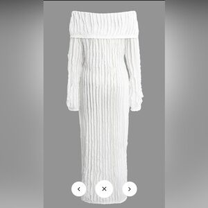 Off Shoulder Textured Button Up Slit Long Sleeve Maxi Dress